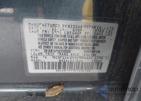 2014 Nissan Sentra Sv z USA, uszkodzony, nr VIN 3N1AB7AP9EY336930